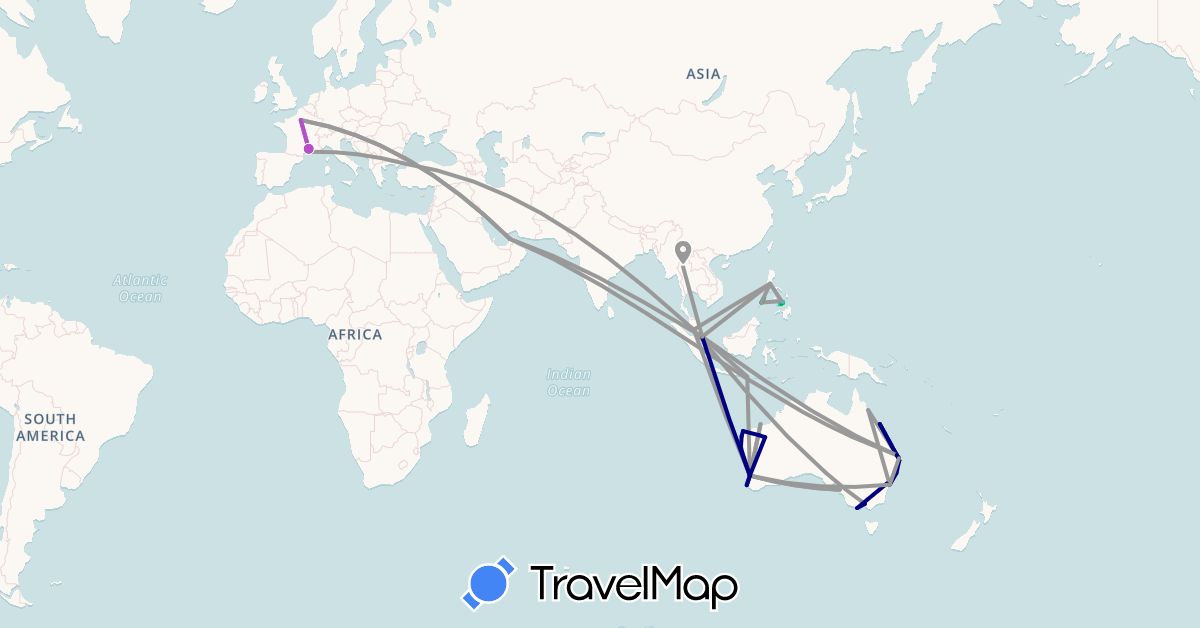 TravelMap itinerary: driving, bus, plane, train, boat, hitchhiking in United Arab Emirates, Australia, France, Indonesia, Malaysia, Philippines, Singapore, Thailand, Turkey (Asia, Europe, Oceania)